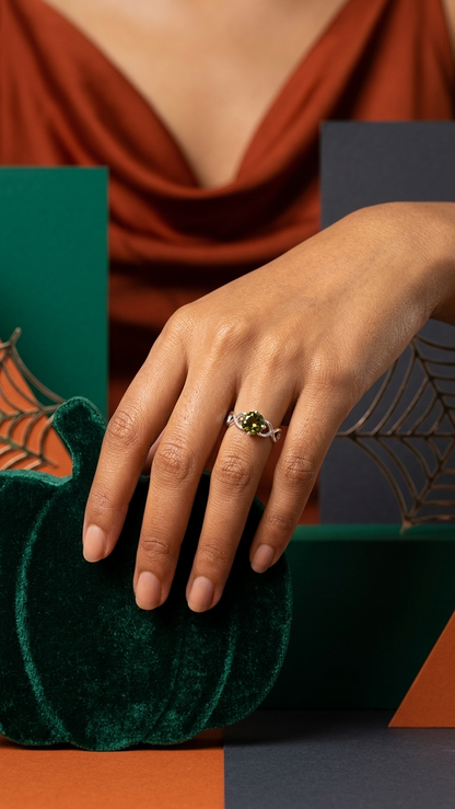 Natural Round Moldavite Gemstone Infinity Ring – 925 Sterling Silver Cosmic Gemstone Ring for Women