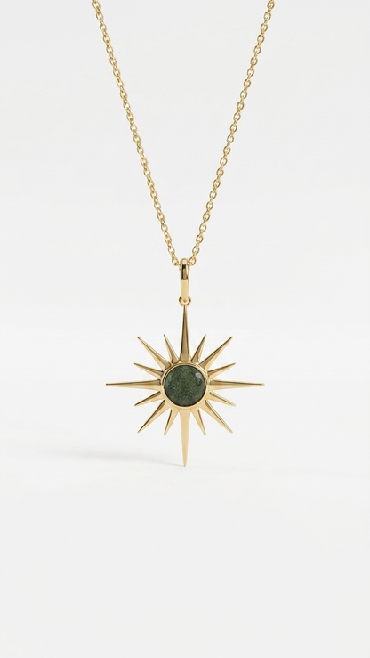 Raw Moldavite Sunburst Pendant Necklace in Gold Plated Silver