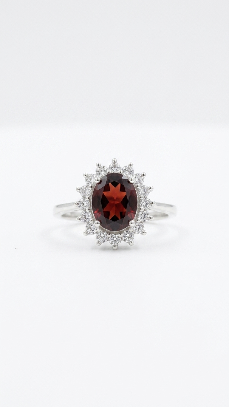 Natural Red Garnet Halo Ring – 925 Sterling Silver Gemstone Ring for Women