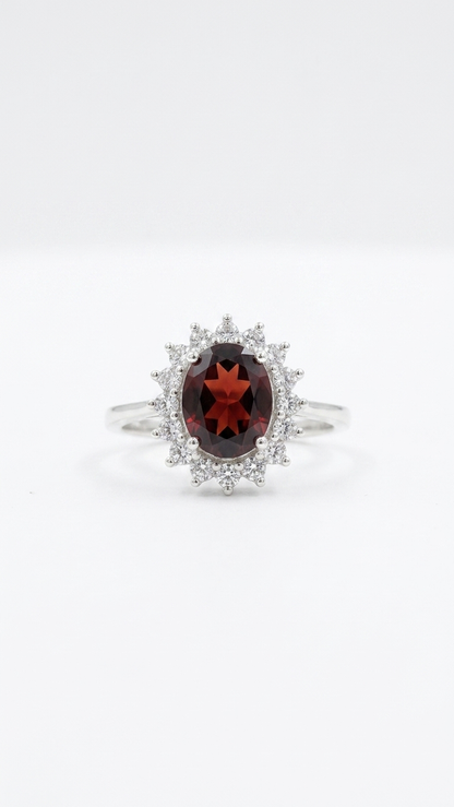 Natural Red Garnet Halo Ring – 925 Sterling Silver Gemstone Ring for Women