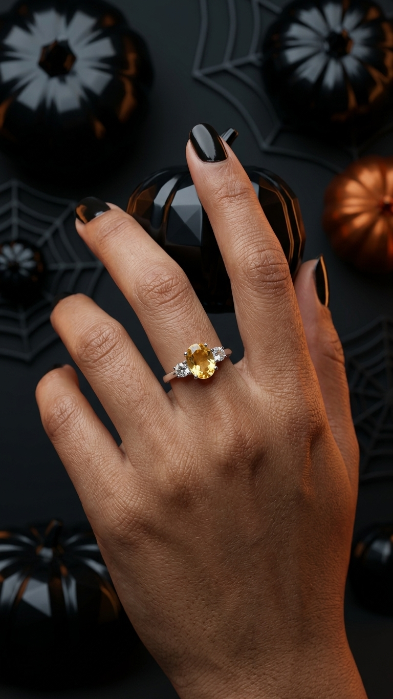 Natural Oval Citrine Ring – 925 Sterling Silver Three-Stone Gemstone Ring