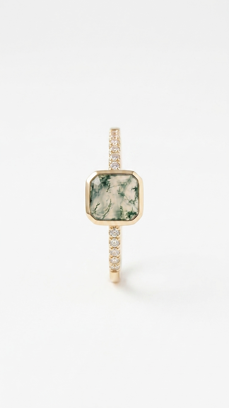 Square Moss Agate Minimalist Ring in 925 Sterling Silver