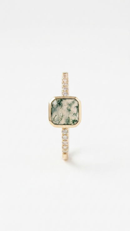 Square Moss Agate Minimalist Ring in 925 Sterling Silver