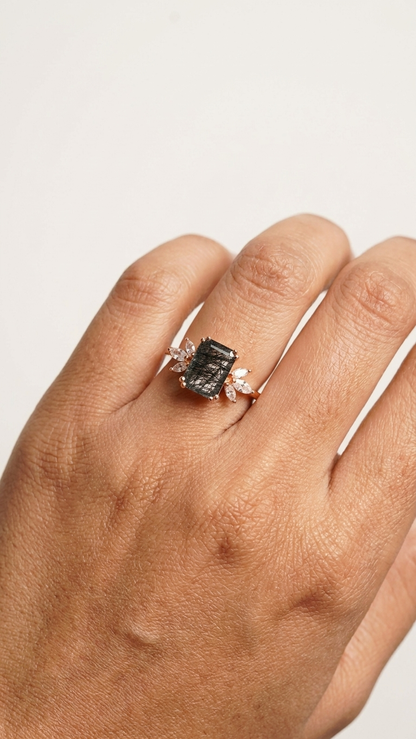 Black Rutilated Quartz & Marquise Accent Ring in 925 Sterling Silver