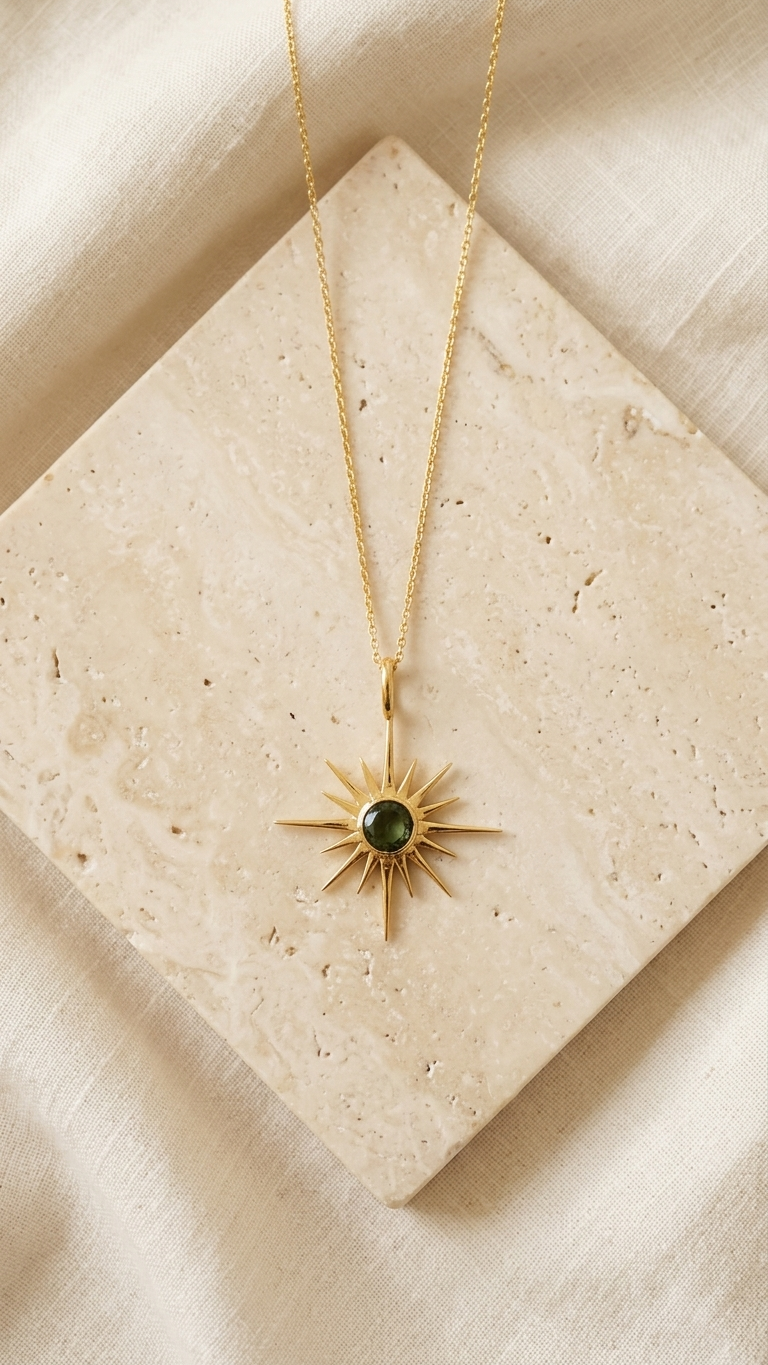 Raw Moldavite Sunburst Pendant Necklace in Gold Plated Silver