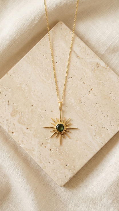 Raw Moldavite Sunburst Pendant Necklace in Gold Plated Silver