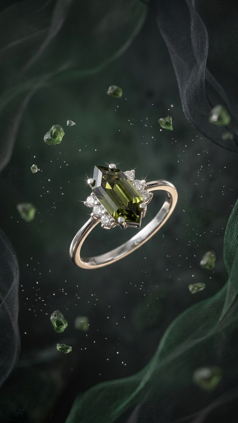 Kite Cut Moldavite Ring – 925 Sterling Silver Geometric Gemstone Engagement Ring