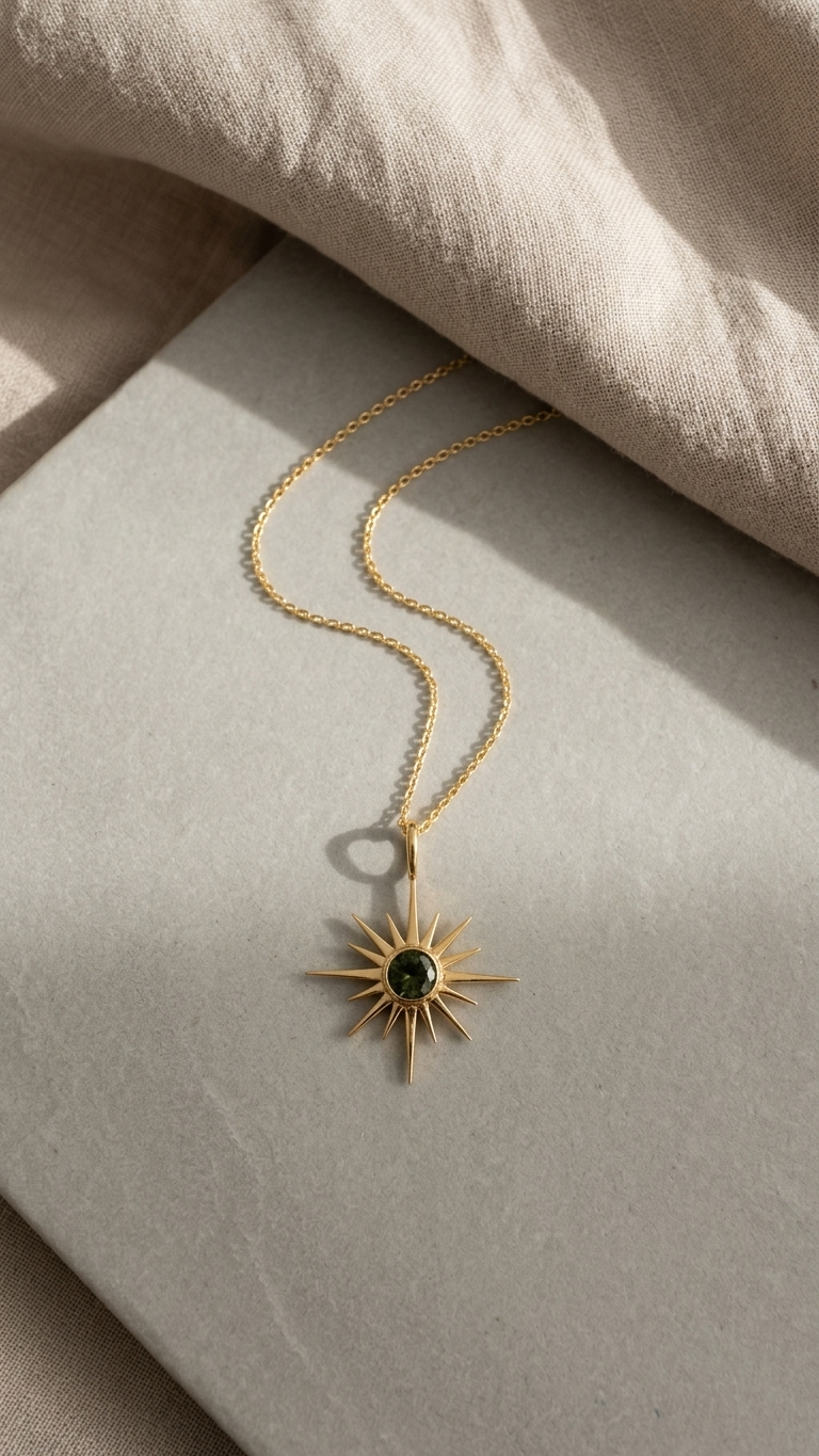 Raw Moldavite Sunburst Pendant Necklace in Gold Plated Silver