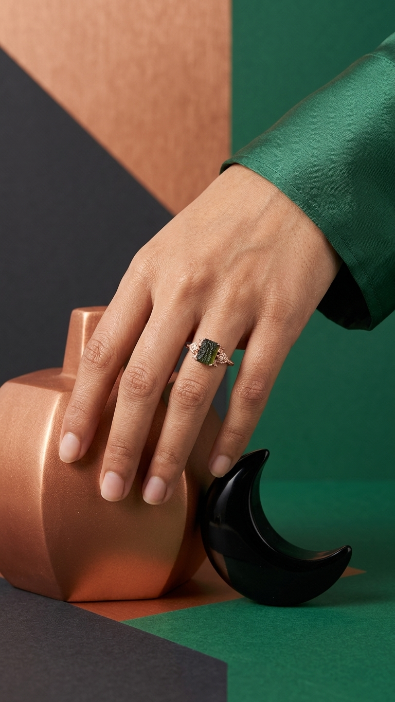 Raw Moldavite Ring – 925 Sterling Silver Vintage Rose Gold Rough Moldavite Jewelry