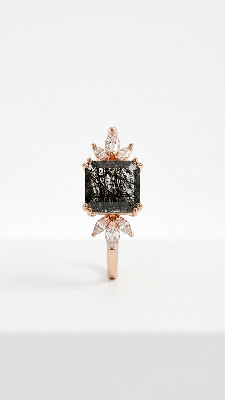 Black Rutilated Quartz & Marquise Accent Ring in 925 Sterling Silver