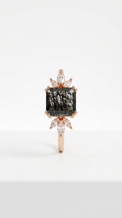 Black Rutilated Quartz & Marquise Accent Ring in 925 Sterling Silver