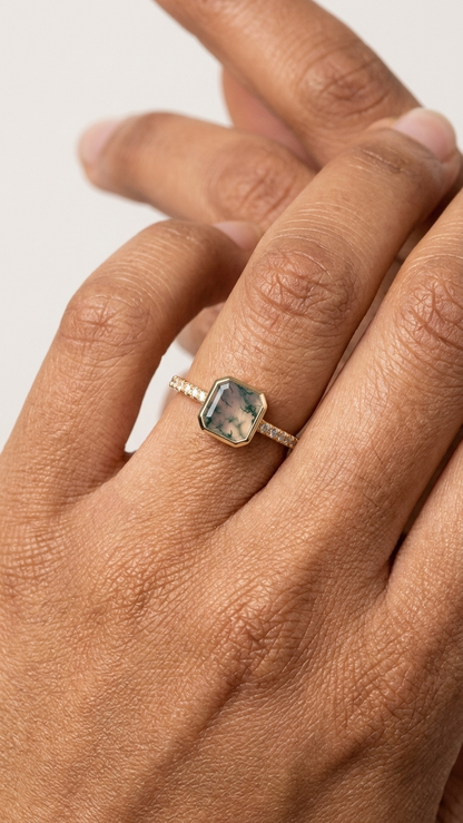 Square Moss Agate Minimalist Ring in 925 Sterling Silver