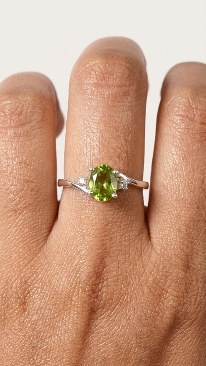 Natural Oval Peridot Bypass Ring – 925 Sterling Silver August Birthstone Ring for Women