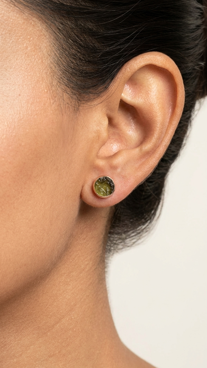 Raw Moldavite Stud Earrings – 925 Sterling Silver Bezel Set Crystal Earrings
