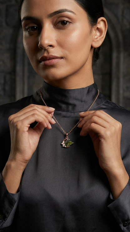 Raw Moldavite Crescent Moon Pendant Necklace – 925 Sterling Silver Rose Gold