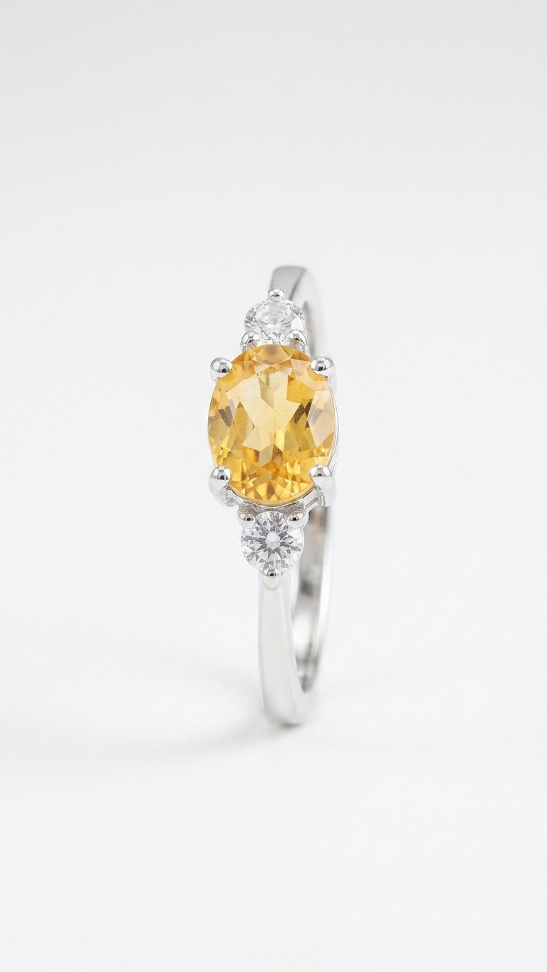 Natural Oval Citrine Ring – 925 Sterling Silver Three-Stone Gemstone Ring