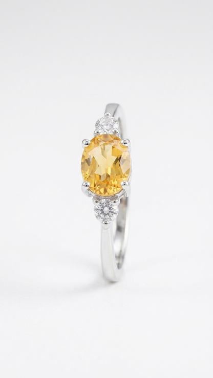 Natural Oval Citrine Ring – 925 Sterling Silver Three-Stone Gemstone Ring