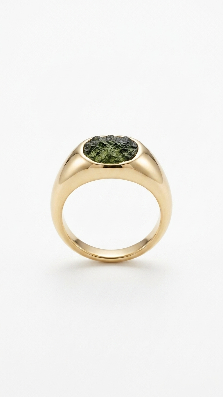 Raw Moldavite Signet Ring in Gold Plated Silver