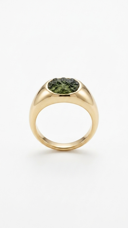 Raw Moldavite Signet Ring in Gold Plated Silver