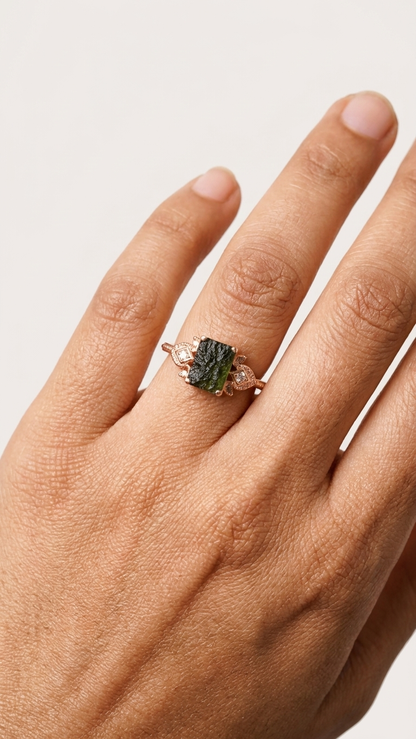 Raw Moldavite Ring – 925 Sterling Silver Vintage Rose Gold Rough Moldavite Jewelry