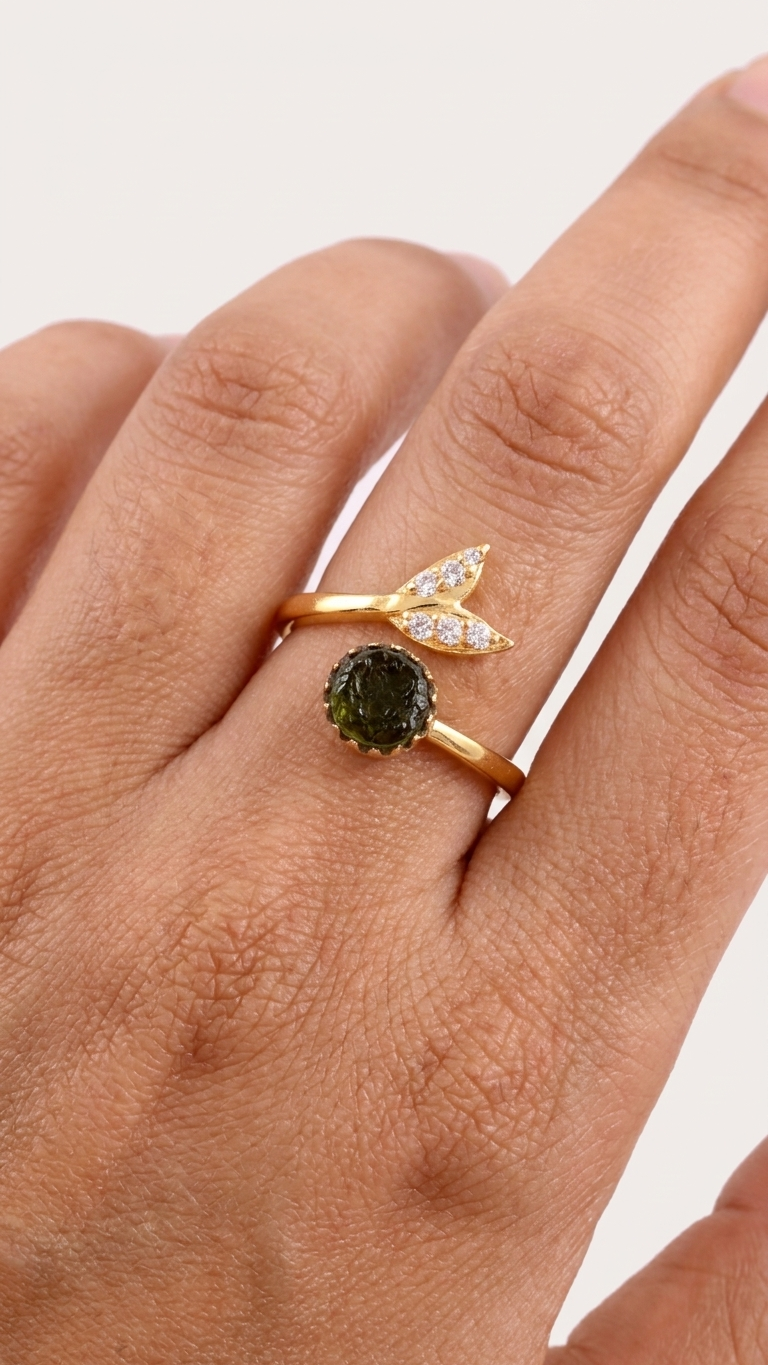 Natural Green Moldavite Ring with Sparkling CZ Mermaid Tail Accents in 925 Silver with Gold Plating