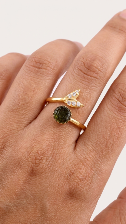 Natural Green Moldavite Ring with Sparkling CZ Mermaid Tail Accents in 925 Silver with Gold Plating