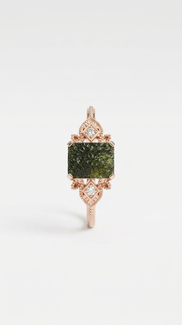 Raw Moldavite Ring – 925 Sterling Silver Vintage Rose Gold Rough Moldavite Jewelry