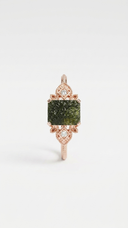 Raw Moldavite Ring – 925 Sterling Silver Vintage Rose Gold Rough Moldavite Jewelry
