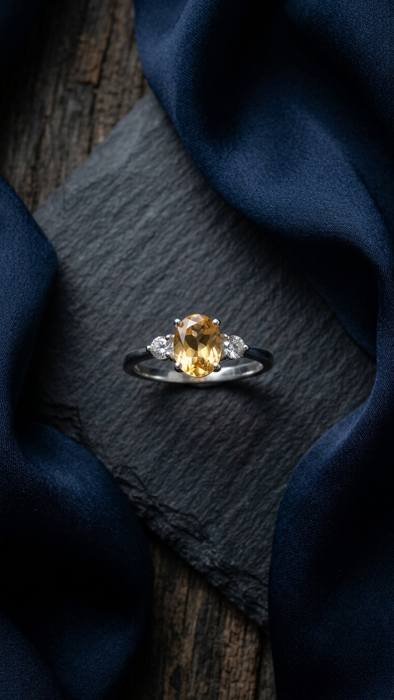 Natural Oval Citrine Ring – 925 Sterling Silver Three-Stone Gemstone Ring
