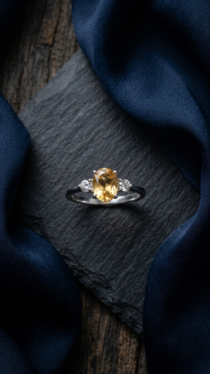 Natural Oval Citrine Ring – 925 Sterling Silver Three-Stone Gemstone Ring