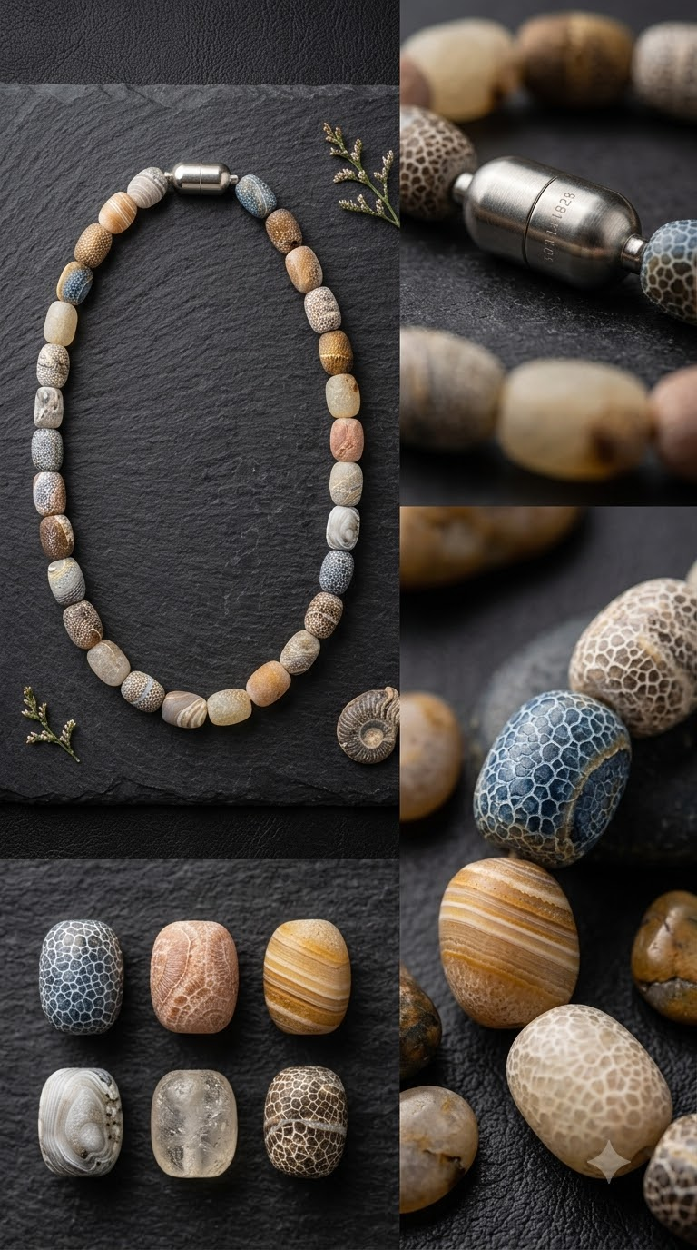 Natural Weathered Agate Bead Necklace – Matte Dragon Vein Agate Barrel Bead Choker with Magnetic Clasp
