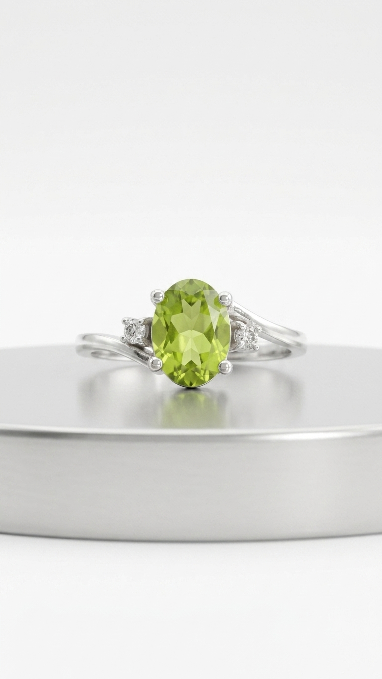Natural Oval Peridot Bypass Ring – 925 Sterling Silver August Birthstone Ring for Women