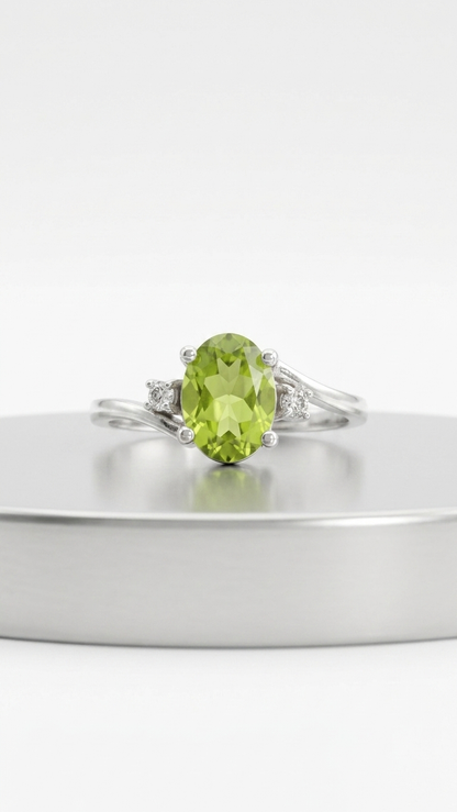 Natural Oval Peridot Bypass Ring – 925 Sterling Silver August Birthstone Ring for Women