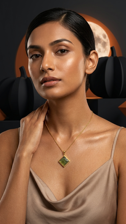 Raw Moldavite Diamond-Shape Pendant Necklace in Gold Plated Silver