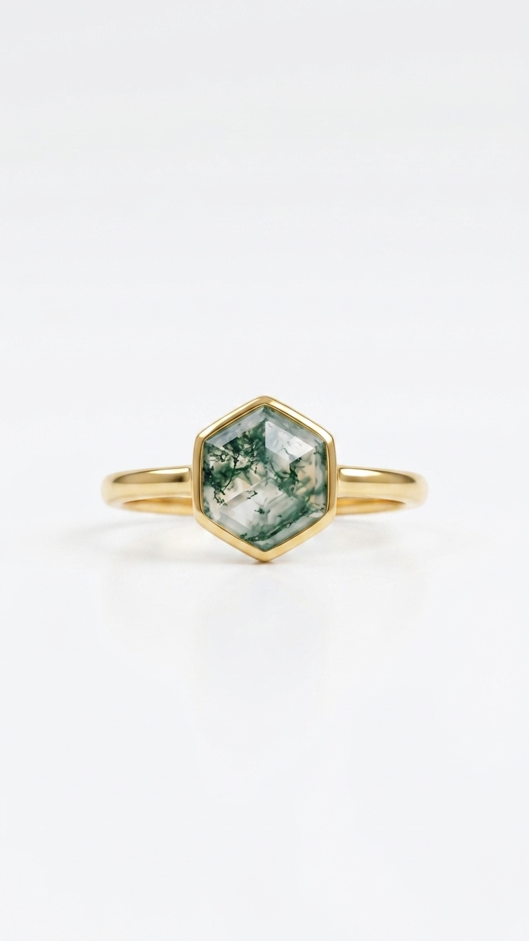 Hexagon Natural Green Moss Agate Ring in Gold Plated 925 Silver Setting