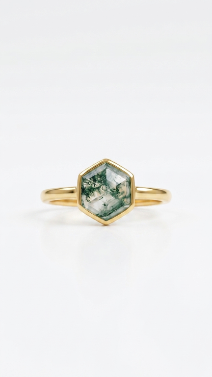 Hexagon Natural Green Moss Agate Ring in Gold Plated 925 Silver Setting