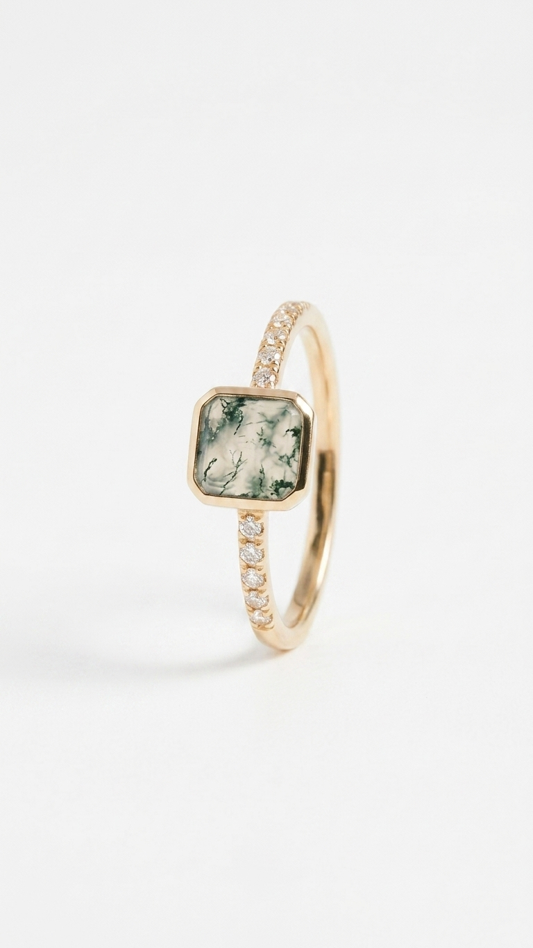 Square Moss Agate Minimalist Ring in 925 Sterling Silver