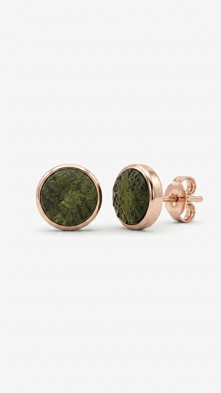 Raw Moldavite Stud Earrings – 925 Sterling Silver Bezel Set Crystal Earrings