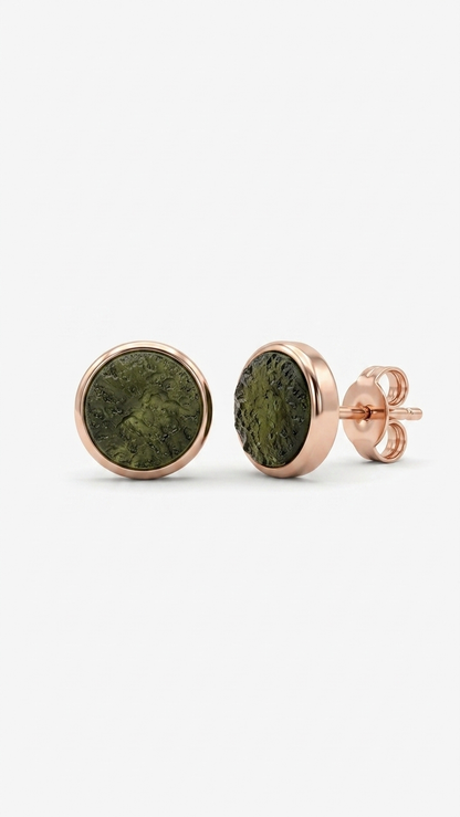 Raw Moldavite Stud Earrings – 925 Sterling Silver Bezel Set Crystal Earrings