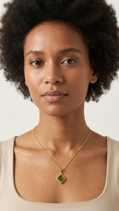 Raw Moldavite Diamond-Shape Pendant Necklace in Gold Plated Silver