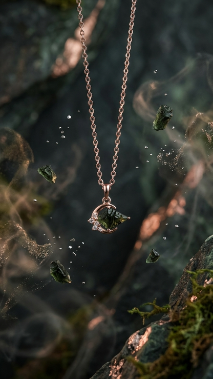 Raw Moldavite Crescent Moon Pendant Necklace – 925 Sterling Silver Rose Gold