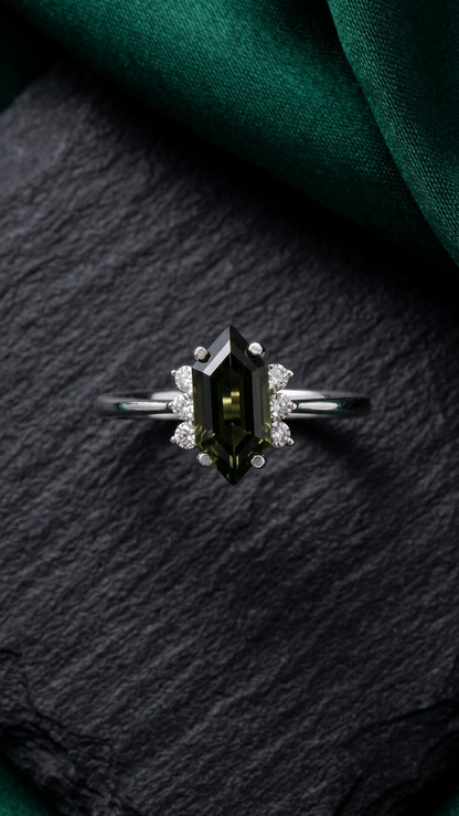 Kite Cut Moldavite Ring – 925 Sterling Silver Geometric Gemstone Engagement Ring