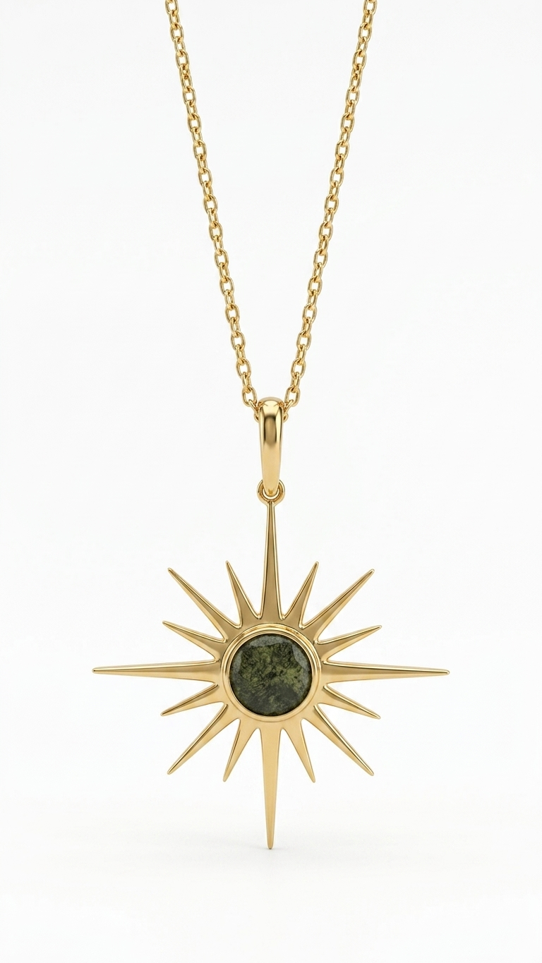 Raw Moldavite Sunburst Pendant Necklace in Gold Plated Silver