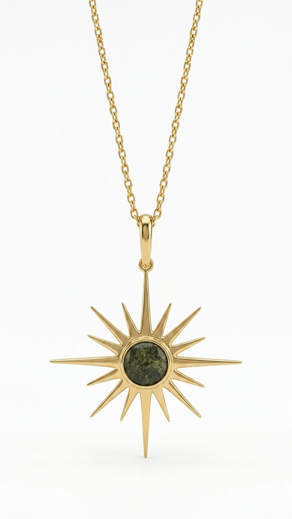 Raw Moldavite Sunburst Pendant Necklace in Gold Plated Silver
