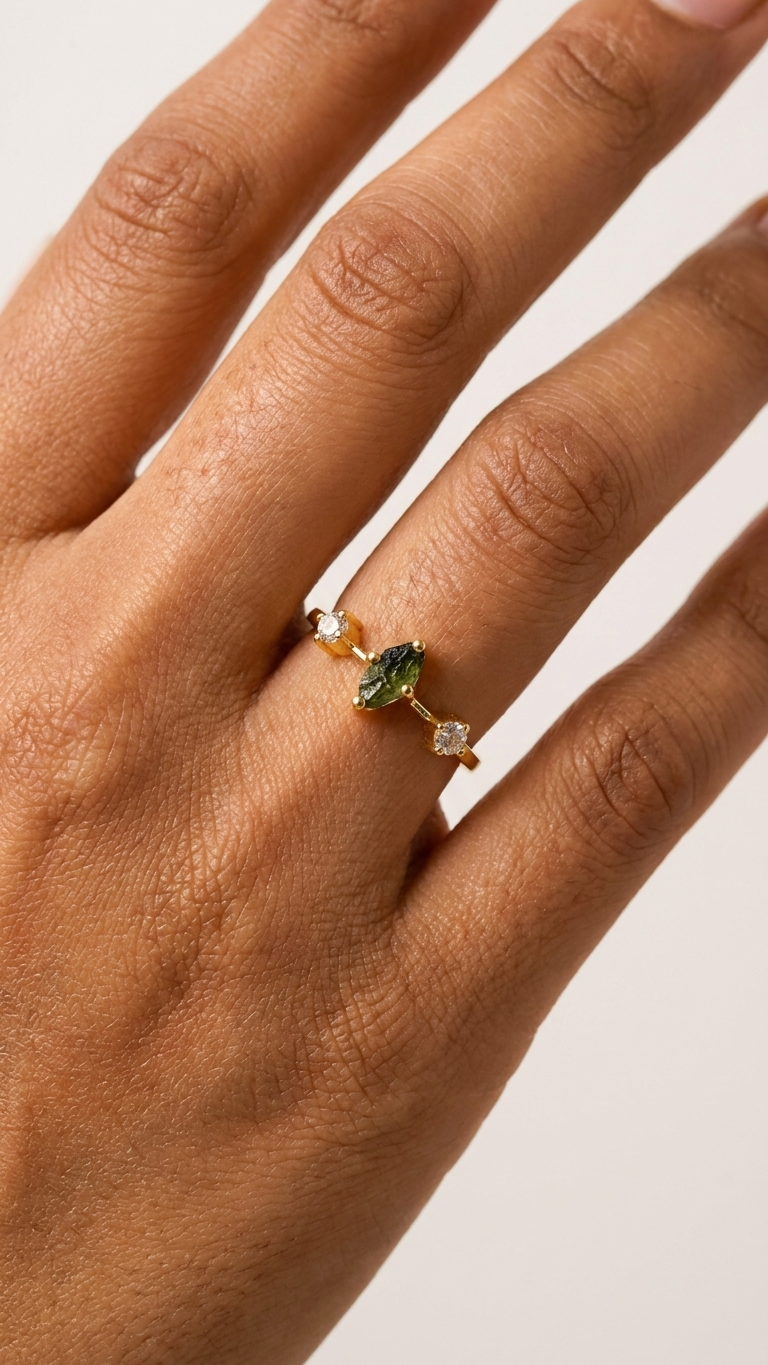 Raw Moldavite Tiara Crown Ring in Gold Plated Silver