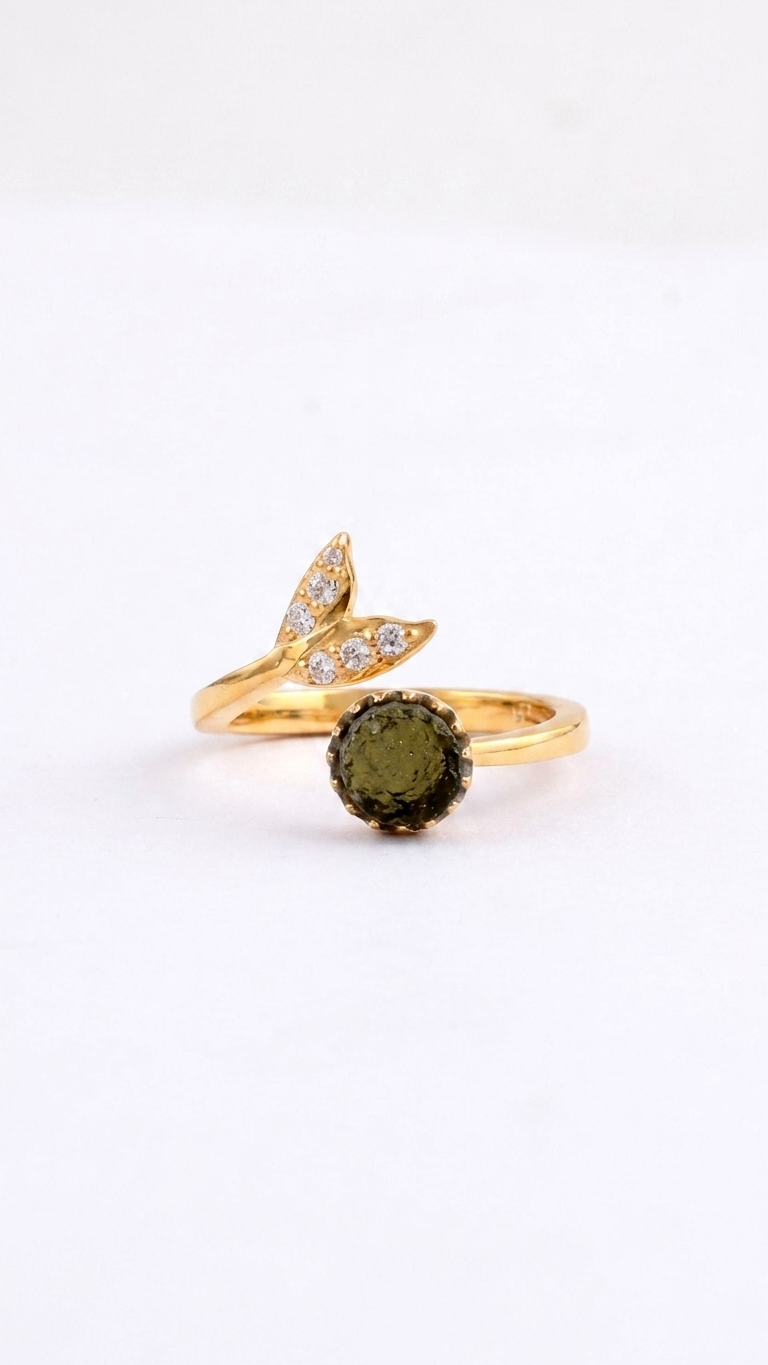 Natural Green Moldavite Ring with Sparkling CZ Mermaid Tail Accents in 925 Silver with Gold Plating