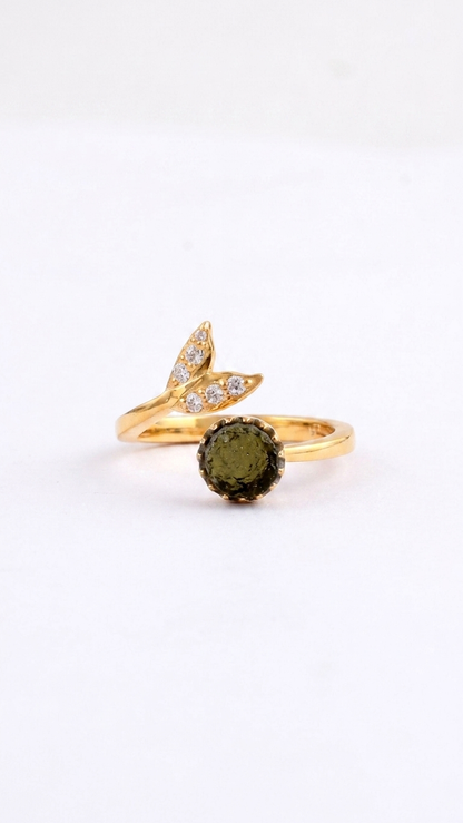 Natural Green Moldavite Ring with Sparkling CZ Mermaid Tail Accents in 925 Silver with Gold Plating