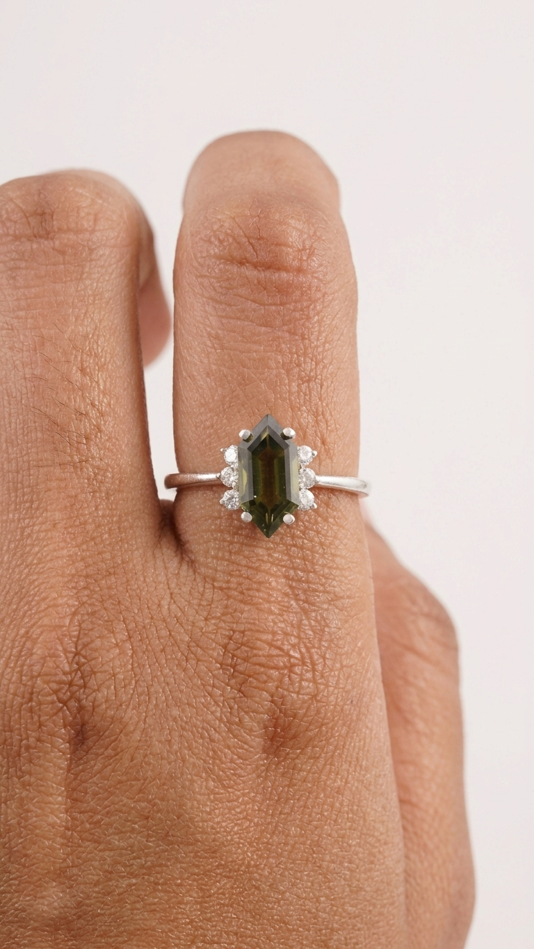 Kite Cut Moldavite Ring – 925 Sterling Silver Geometric Gemstone Engagement Ring