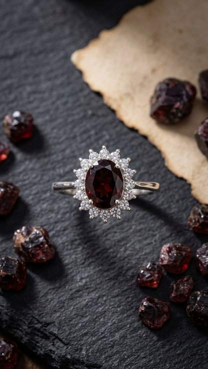 Natural Red Garnet Halo Ring – 925 Sterling Silver Gemstone Ring for Women