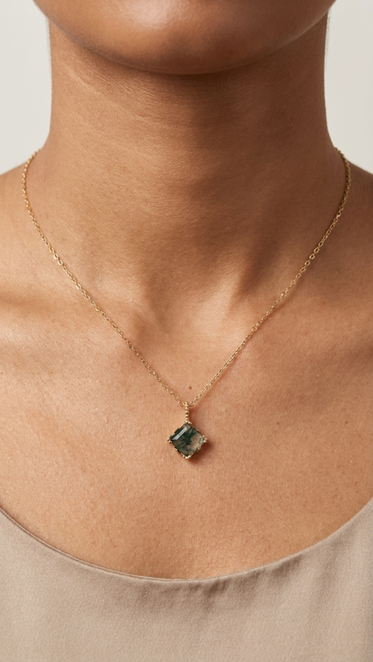 Natural Moss Agate Pendant Necklace – 925 Sterling Silver Gold Plated Geometric Gemstone Necklace